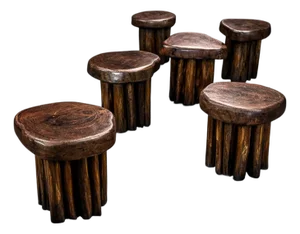 Set of Six Sculptural “Denúncia” Stools in Solid Reclaimed Wood, Brazil, 1970s