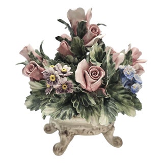 VTG Nuova Capodimonte Porcelain Floral Centerpiece Basket Italy Signed 9.5 In For Sale
