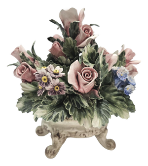 VTG Nuova Capodimonte Porcelain Floral Centerpiece Basket Italy Signed 9.5 In