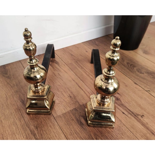 Hollywood Regency Mid-Century Italian Brass and Wrought Iron Andirons, Set of 2 For Sale - Image 3 of 7