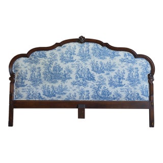 Antique French Wood Framed Upholstered King Headboard For Sale
