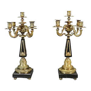 Pair of Antique Louis Empire Style Gilt Bronze & Marble Candelabra