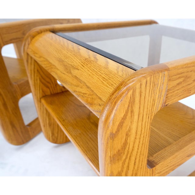 Pair of Mid-Century Solid Oak Smoked Glass Top End Side Tables W Shelves Mint! For Sale - Image 16 of 18
