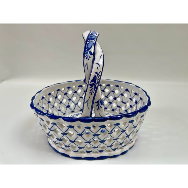 Large Vintage European Blue & White Pierced Centerpiece Basket For Sale - Image 4 of 9