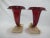 Pair of Victorian hand blown cranberry tone glass cornucopias. Each with exquisite gilt bronze hands, mounted to marble...