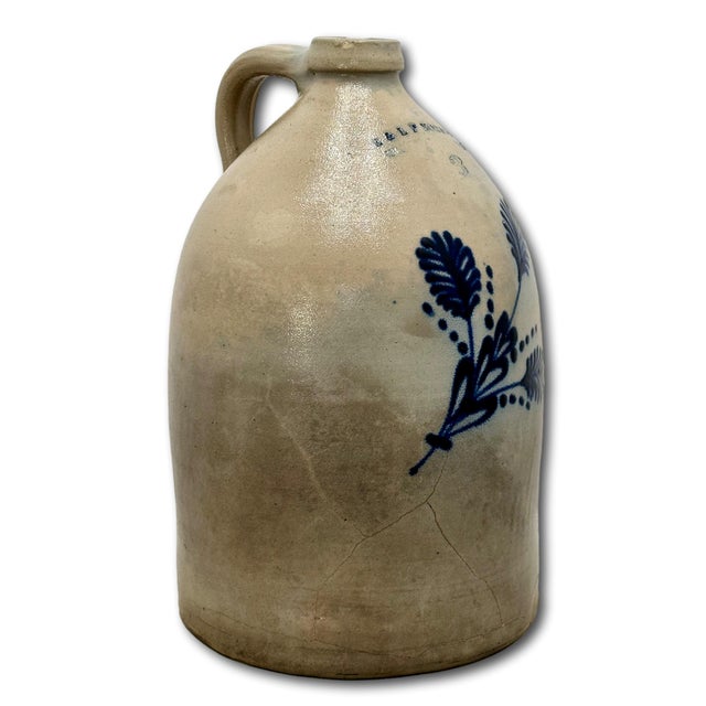 Beautiful Antique American Blue Flower Decorated 3 Gallon Size Stoneware Jug by E & L P Norton in Bennington Vermont For Sale - Image 4 of 18