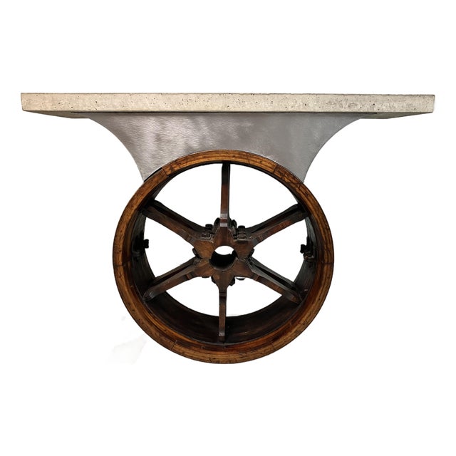 Custom Industrial Console / Bar — Antique Chicago Pulley Wheel, Dreeben Studios Concrete & Steel For Sale