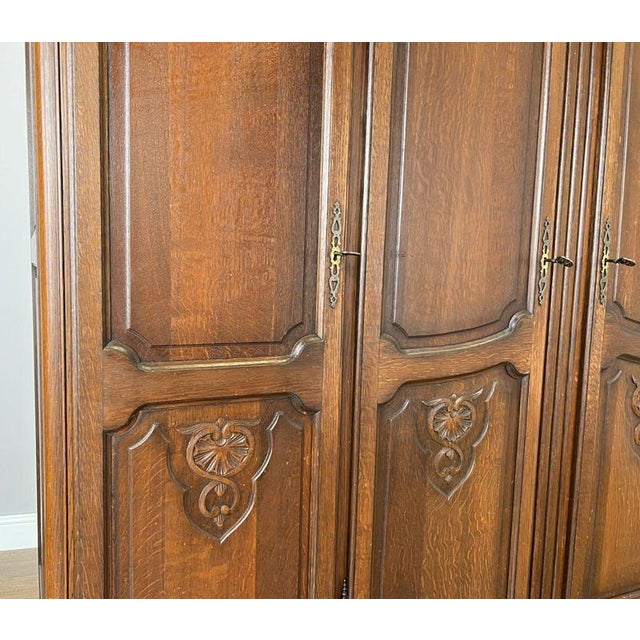 Wood Vintage French Louis XVI Style Carved Oak 4-Door Wardrobe For Sale - Image 7 of 13