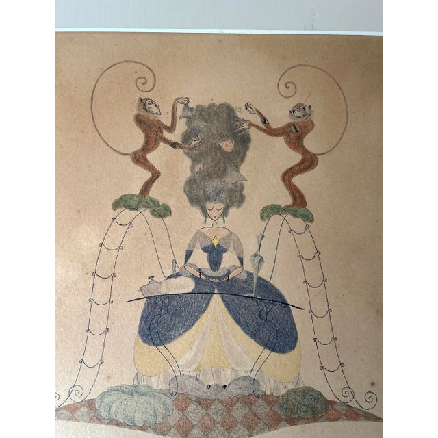 Early 20th Century Early 20th Century Art Deco Colored Pencil & Ink Drawing of Marie Antoinette With Monkeys For Sale - Image 5 of 7