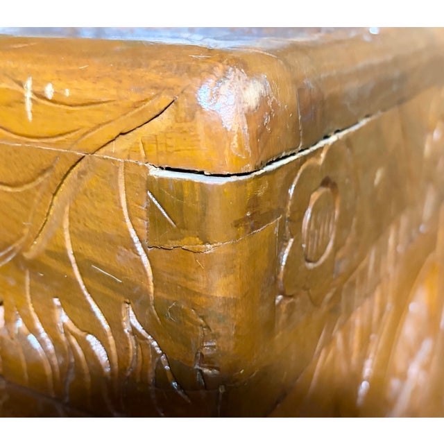 Vintage 1940’s Chinese Glazed Carved Scenic Wood Chest For Sale - Image 12 of 12