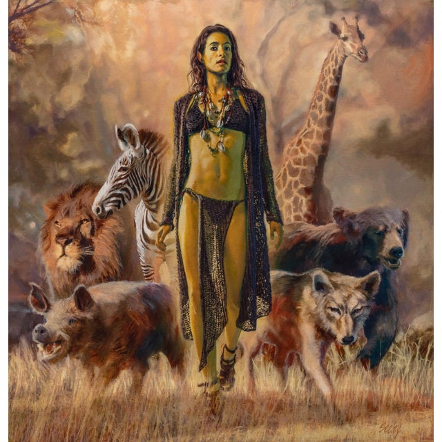 The Goddess Animalia by Dave Seeley | Oil on print Woman with animals in a natural setting For Sale