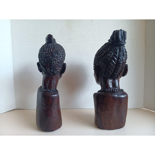 Early 20th Century Exquisite Pair of Iron Wood Carved Shona Male and Female Bust For Sale - Image 4 of 7
