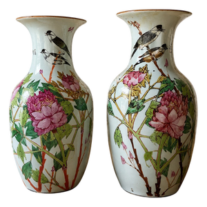 Large Chinese Porcelain Vases with Floral and Bird Decoration, 1800s, Set of 2