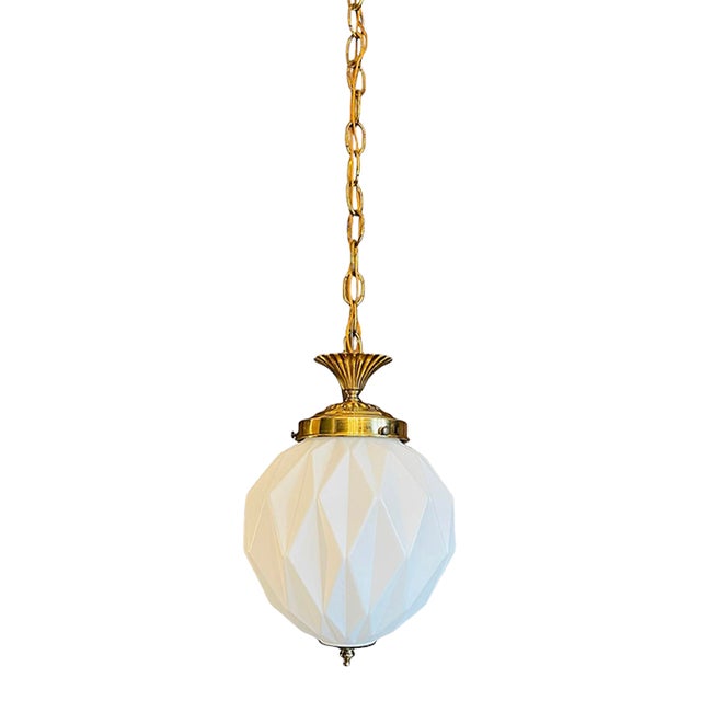 Vintage 3-Dimensional Diamond Pattern White Glass Ceiling Pendant Light For Sale