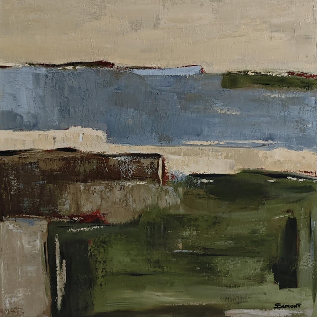 Geography of the Shores is an original abstract landscape painting by French artist Sophie Dumont. Broad horizontal planes...