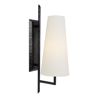 Chapman & Myers for Visual Comfort Signature Ashton Large Single Sculpted Sconce in Aged Iron with Linen Shade For Sale