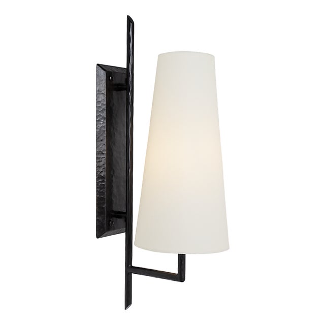 Chapman & Myers for Visual Comfort Signature Ashton Large Single Sculpted Sconce in Aged Iron with Linen Shade For Sale