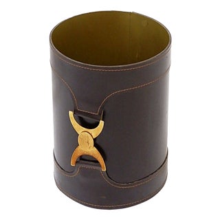 Brown Leather Wastebasket with Decorative Brass Buckle For Sale