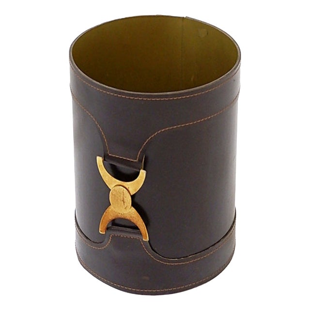 Brown Leather Wastebasket with Decorative Brass Buckle For Sale