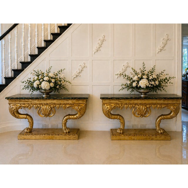 Antique Baroque Revival Italian Giltwood Console Tables with Breccia Marble Tops and Lion's Paw Supports, 1850s, Set of 2 For Sale - Image 3 of 15