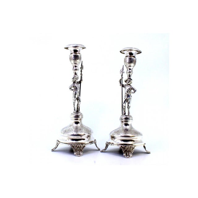 Silver Candlesticks with Halberdiers on Pedestal, Engraved Plant Elements and Embossed Feet, Set of 2, in Very Good...