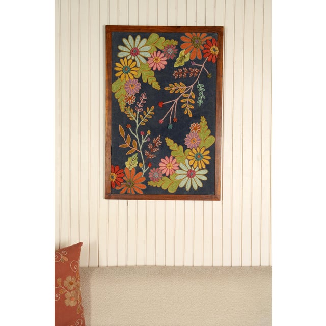 Blue Floral Embroidered Wall Frame – Acacia Wood (27 X 39") For Sale - Image 4 of 4