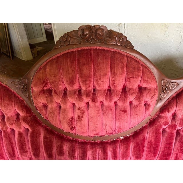 Wood Mid 20th Century Victorian Style Parlor Set — Sofa & Gentleman's Chair | Carved Walnut Frames | Reupholstery Project For Sale - Image 7 of 10