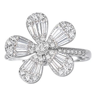 18K White Gold Baguette Diamond Floral 5 Petal Ring Estate For Sale