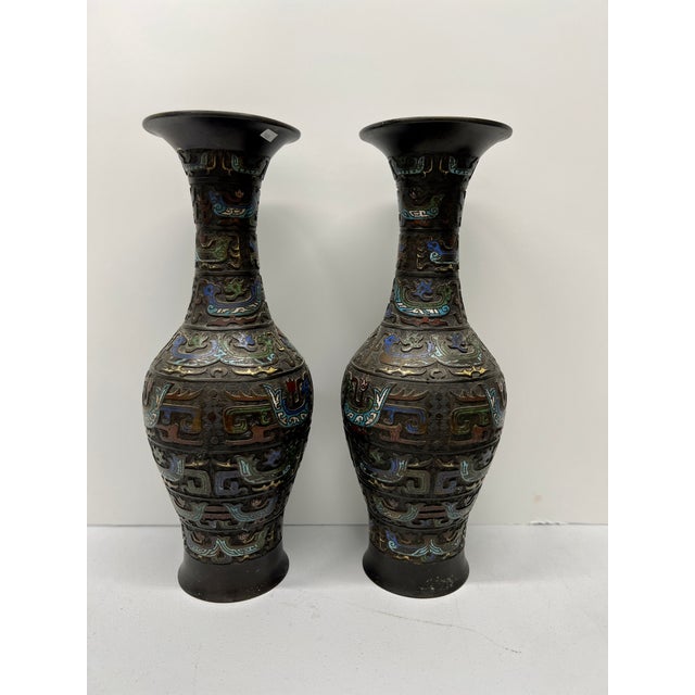 Pr. 19th C. Meiji Japanese Champleve Inset Bronze Vases Signed 21.25" For Sale - Image 4 of 11