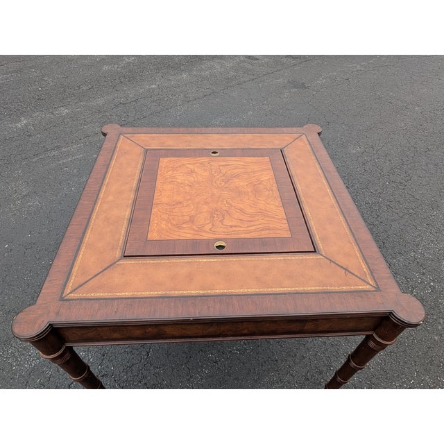 Mid 20th Century Ethan Allen Hollywood Regency Inlaid Leather Game Table With Cane-Cut Legs For Sale - Image 9 of 14