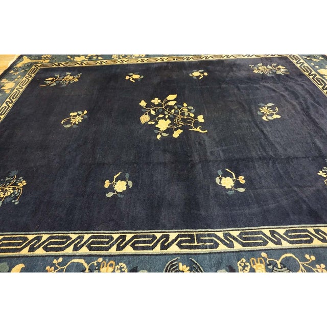 1920s 1920s Blue Navy Vase Floral Antique Chinese Peking Carpet Knotted Wool Deco Rug For Sale - Image 5 of 10