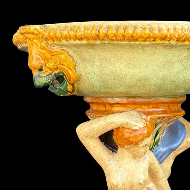 Minton Antique English Minton-Style Majolica Figural Tazza Centerpiece With Maiden & Cherub For Sale - Image 4 of 7