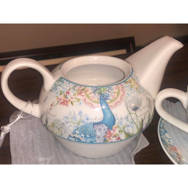 Delton Porcelain Peacock & Botanical Tea for One Set in Decorative Gift Box For Sale - Image 10 of 13