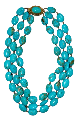 Circa 1970 European a Three Row Large Turquoise Gem Bead Necklace Silver Gilt Clasp