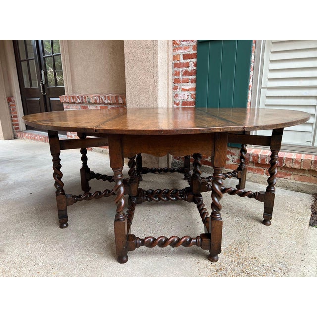 Antique English Wake Dining Table Drop Leaf Barley Twist Jacobean Oak Console For Sale - Image 9 of 18