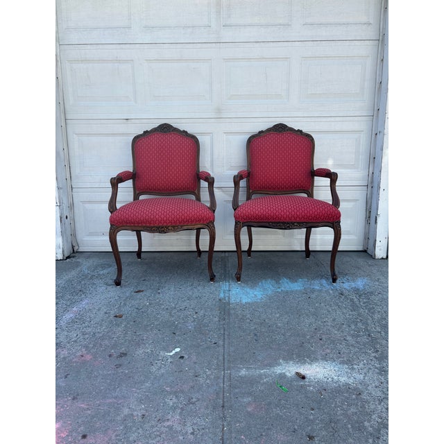 French Vintage French Louis XV Style Armchairs | Pair Vintage Accent Chairs | Upholstered Bergere Chairs | Carved Wood Living Room Seating For Sale - Image 3 of 11