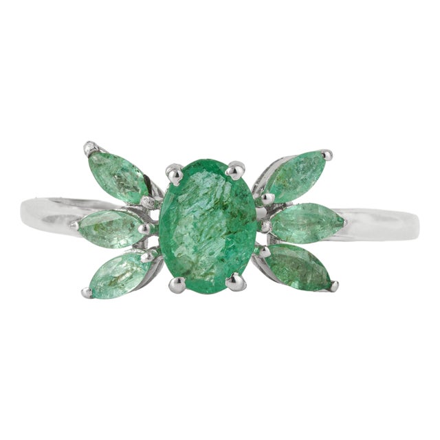 1.41 Ct Certified Natural Emerald Wing Cluster Ring in 925 Silver, Size 7 For Sale