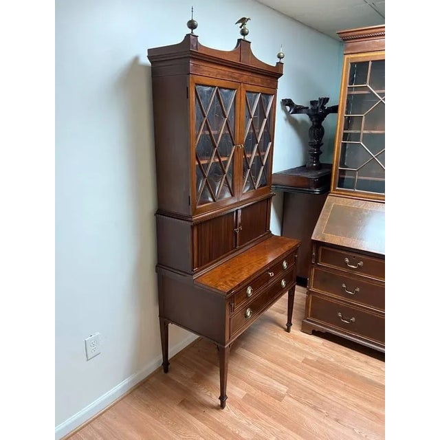 Early 20th Century Federal Style Inlaid Mahogany Bubble GlassTambour Front Desk With Bookcase Top With Keys. Circa 1900s. For Sale - Image 5 of 12