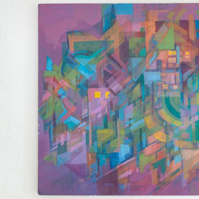 Abstract Cubist Polychrome Abstract City Painting With Fauvist Colors Purple and Turquoise For Sale - Image 3 of 13