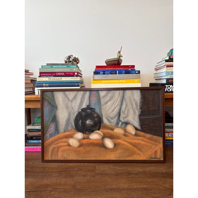 Vintage Mid Century Signed Still Life Oil Painting With Black Teapot & Eggs Atmospheric signed still life oil painting...