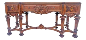 Antique 1920s Rockford Carved Walnut Sideboard Buffet / Console Spanish Revival Design