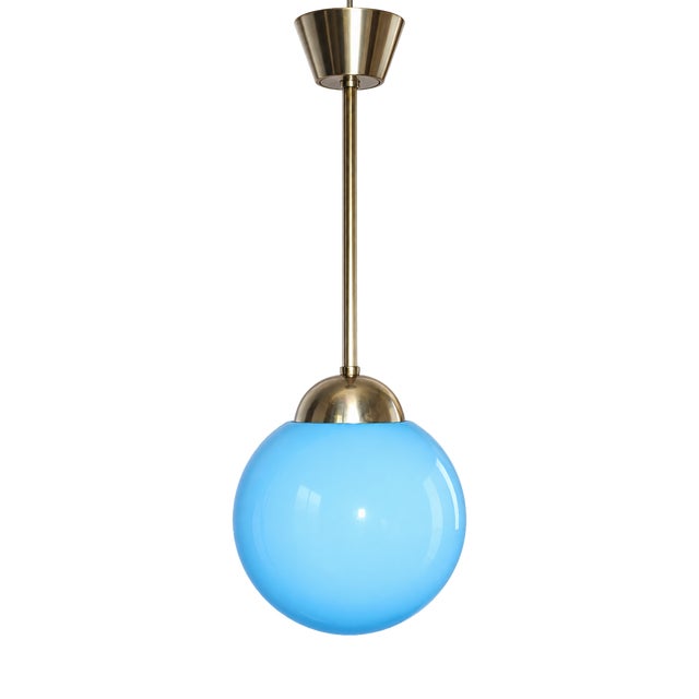 Pendant Lamp with Blue Glass Shade, 1940s. For Sale