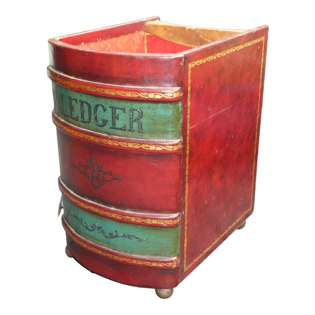 Mid Century Italian Leather and Wood Book Wastepaper Basket For Sale