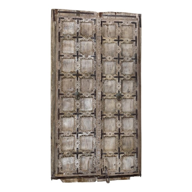 Antique Indian Bleached Teakwood and Iron Gujarati Door For Sale