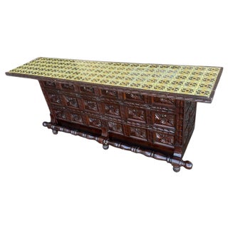 Vintage Heavily Carved Mexican Bar With Talavera Tile Top For Sale