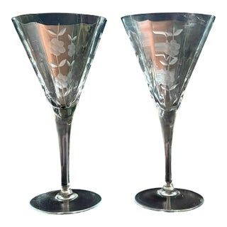 1950s Mid Century Modern Colony Glass Sandra Pattern Etched Floral Goblets – Set of 2 For Sale