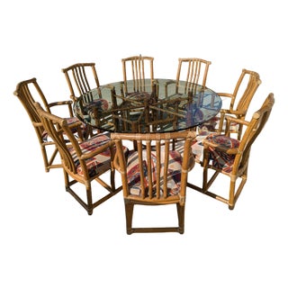 Late 20th Century McGuire Rattan Dining Set – 8 Armchairs & 60” Glass Table, Yvonne Payne Bandas For Sale