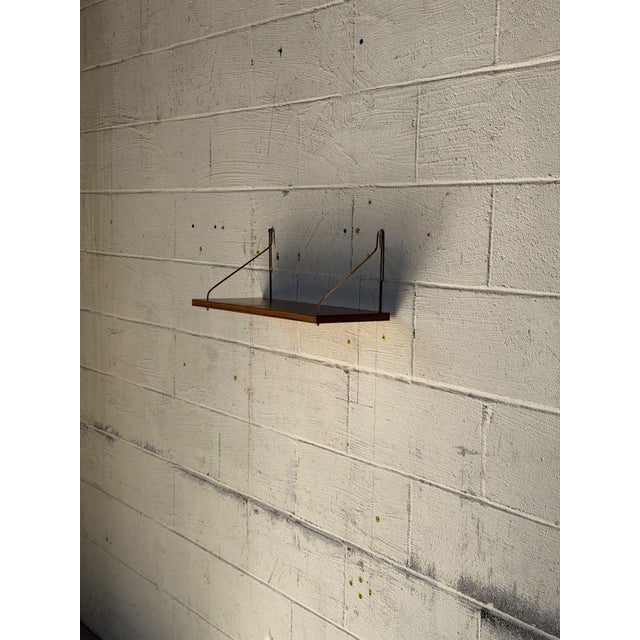 Vintage Teak Floating Wall Shelf With Brass-Tone Metal Brackets – Mid-Century Modern Scandinavian Wall-Mounted Shelf For Sale - Image 4 of 10
