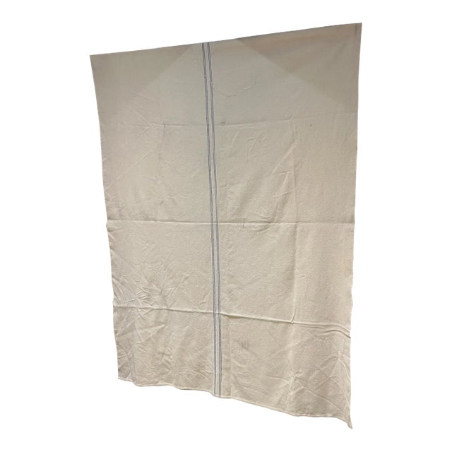 1950s Vintage All Wool Blanket Off White Center Blue Stripe For Sale