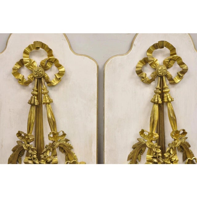 French French Louis XV Gold Gilt Bronze Ribbon Drape Large Wall Plaque Sconces - A Pair For Sale - Image 3 of 16